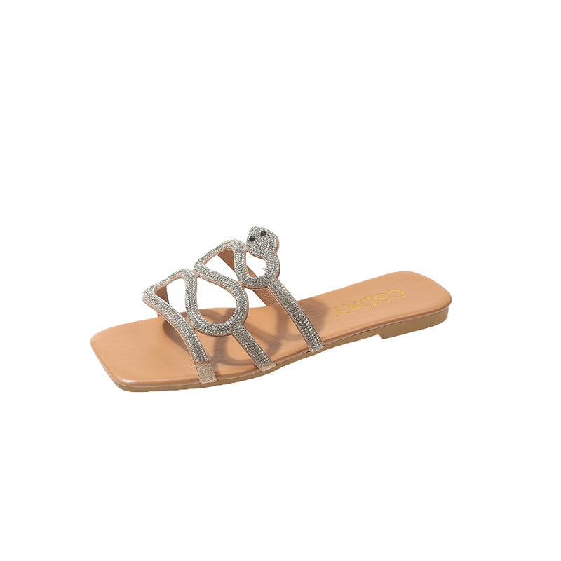 Women's Diamante Snake Embellished Slippers – Elegant Slip-On Flat Shoes for Summer Days and Evenings