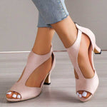 Women's Open Toe Mid Heel Sandals with Ankle Strap – PU Leather Heels for Work & Events