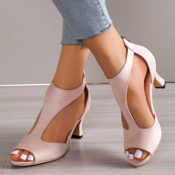 Women's Open Toe Mid Heel Sandals with Ankle Strap – PU Leather Heels for Work & Events