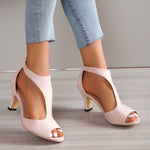 Women's Open Toe Mid Heel Sandals with Ankle Strap – PU Leather Heels for Work & Events