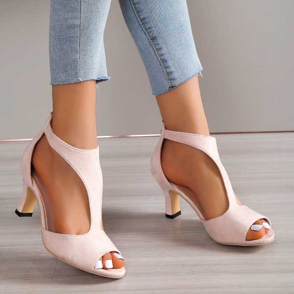 Women's Open Toe Mid Heel Sandals with Ankle Strap – PU Leather Heels for Work & Events