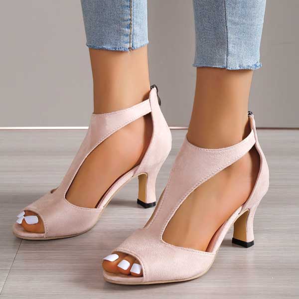 Women's Open Toe Mid Heel Sandals with Ankle Strap – PU Leather Heels for Work & Events