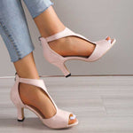 Women's Open Toe Mid Heel Sandals with Ankle Strap – PU Leather Heels for Work & Events