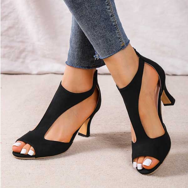 Women's Open Toe Mid Heel Sandals with Ankle Strap – PU Leather Heels for Work & Events