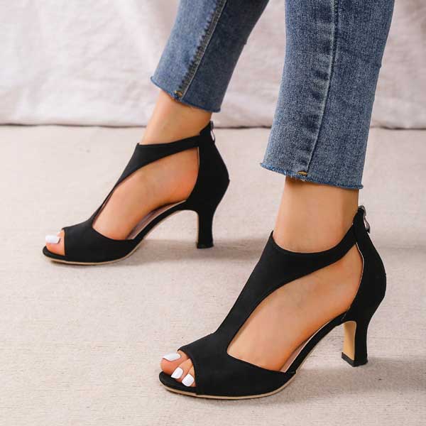 Women's Open Toe Mid Heel Sandals with Ankle Strap – PU Leather Heels for Work & Events