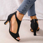 Women's Open Toe Mid Heel Sandals with Ankle Strap – PU Leather Heels for Work & Events