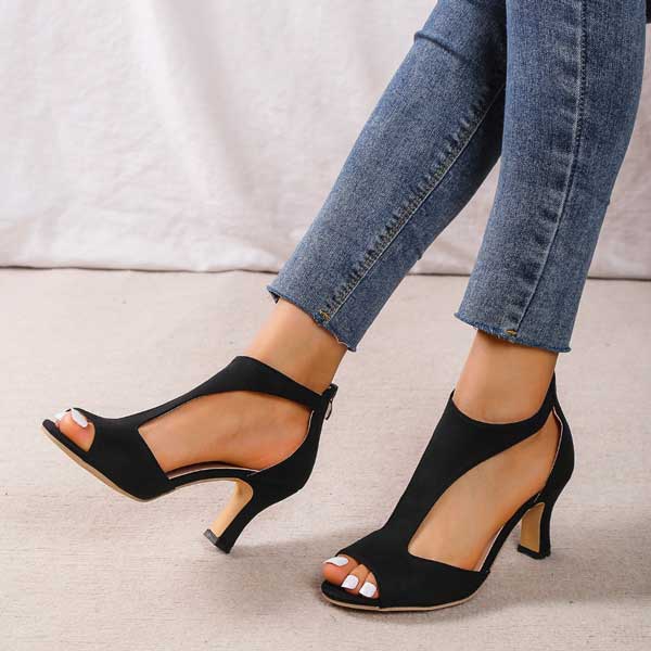 Women's Open Toe Mid Heel Sandals with Ankle Strap – PU Leather Heels for Work & Events