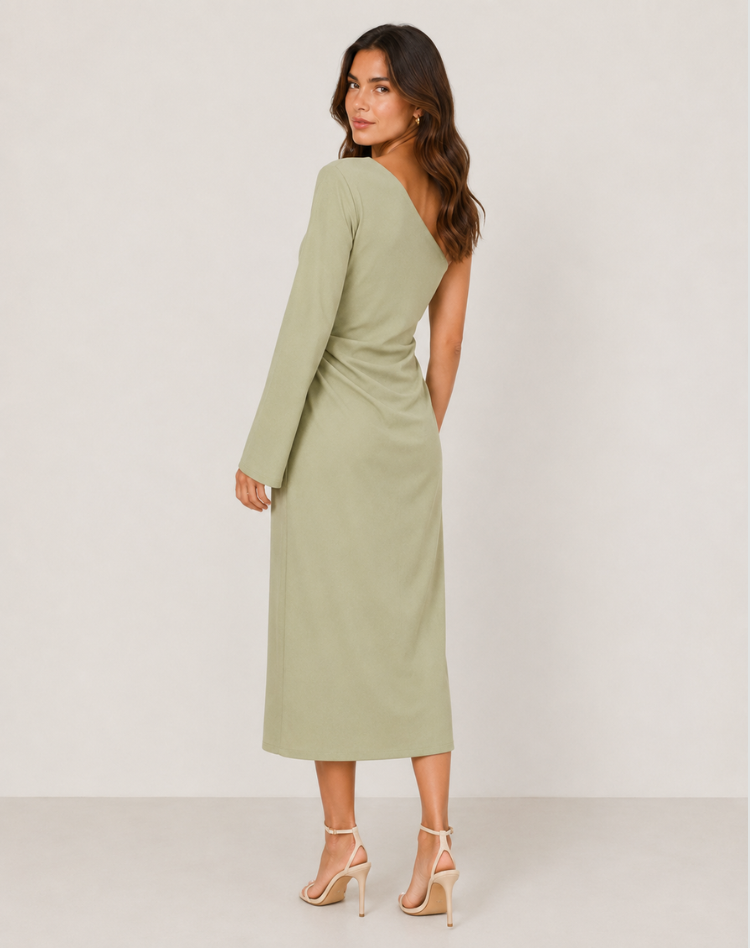 Women's Asymmetric One Shoulder Maxi Dress with Long Sleeve – Fitted Elegant Event Dress