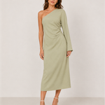 Women's Asymmetric One Shoulder Maxi Dress with Long Sleeve – Fitted Elegant Event Dress