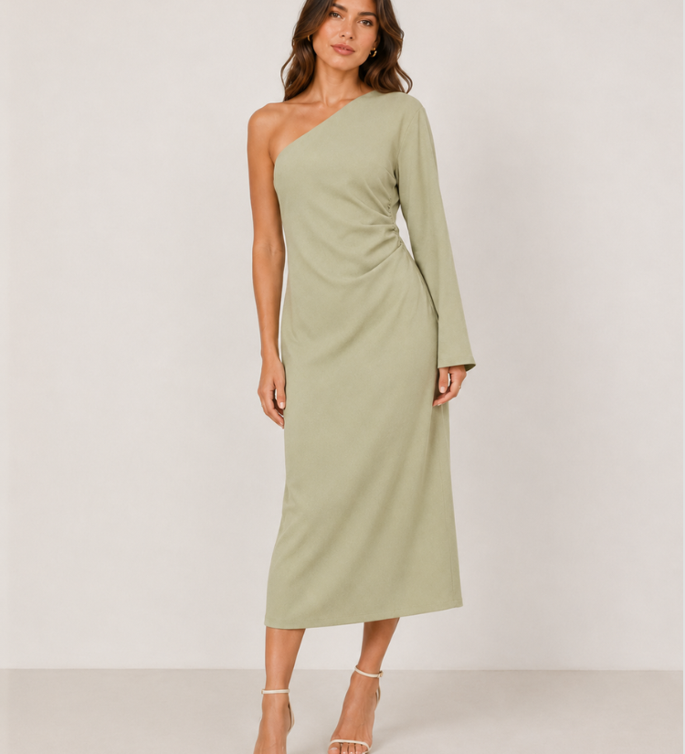 Women's Asymmetric One Shoulder Maxi Dress with Long Sleeve – Fitted Elegant Event Dress
