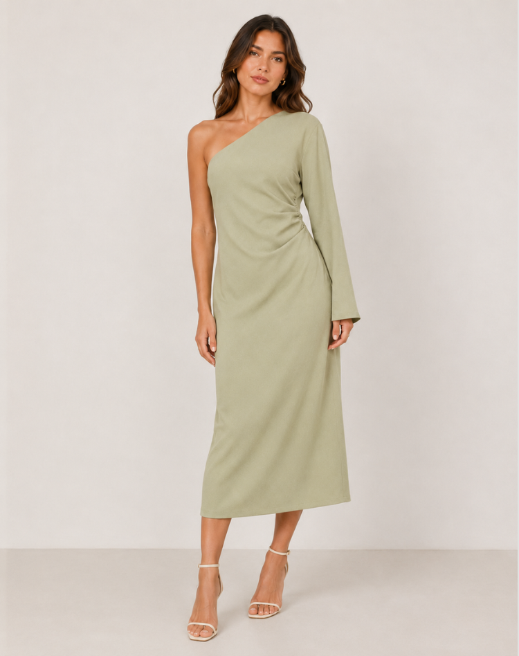 Women's Asymmetric One Shoulder Maxi Dress with Long Sleeve – Fitted Elegant Event Dress