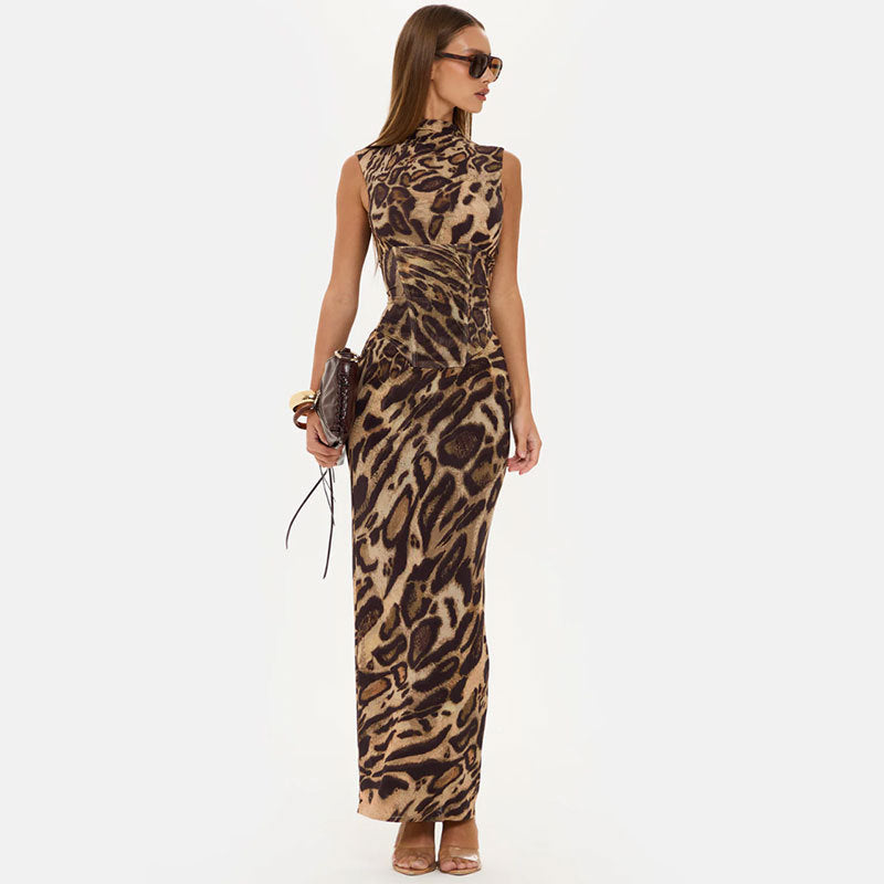 Women's Leopard Print Bodycon Maxi Dress – Fitted Evening Dress for Parties & Nights Out