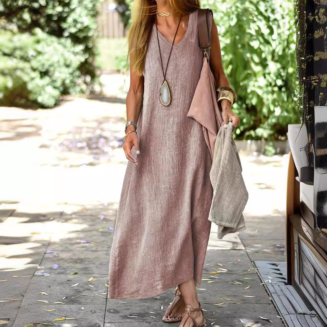 Women's Linen-Look Maxi Dress – Relaxed Flowing Summer Dress for Beach, Holiday & Everyday