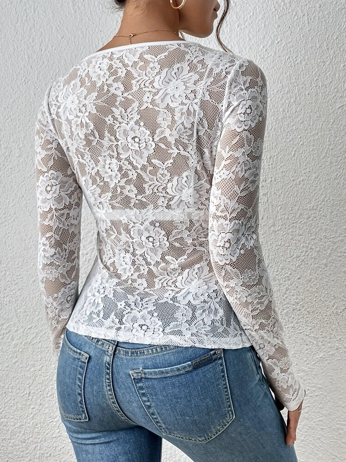 Women's Lace Long Sleeve Bodysuit with Plunge Neckline – Fitted Top for Evenings Out
