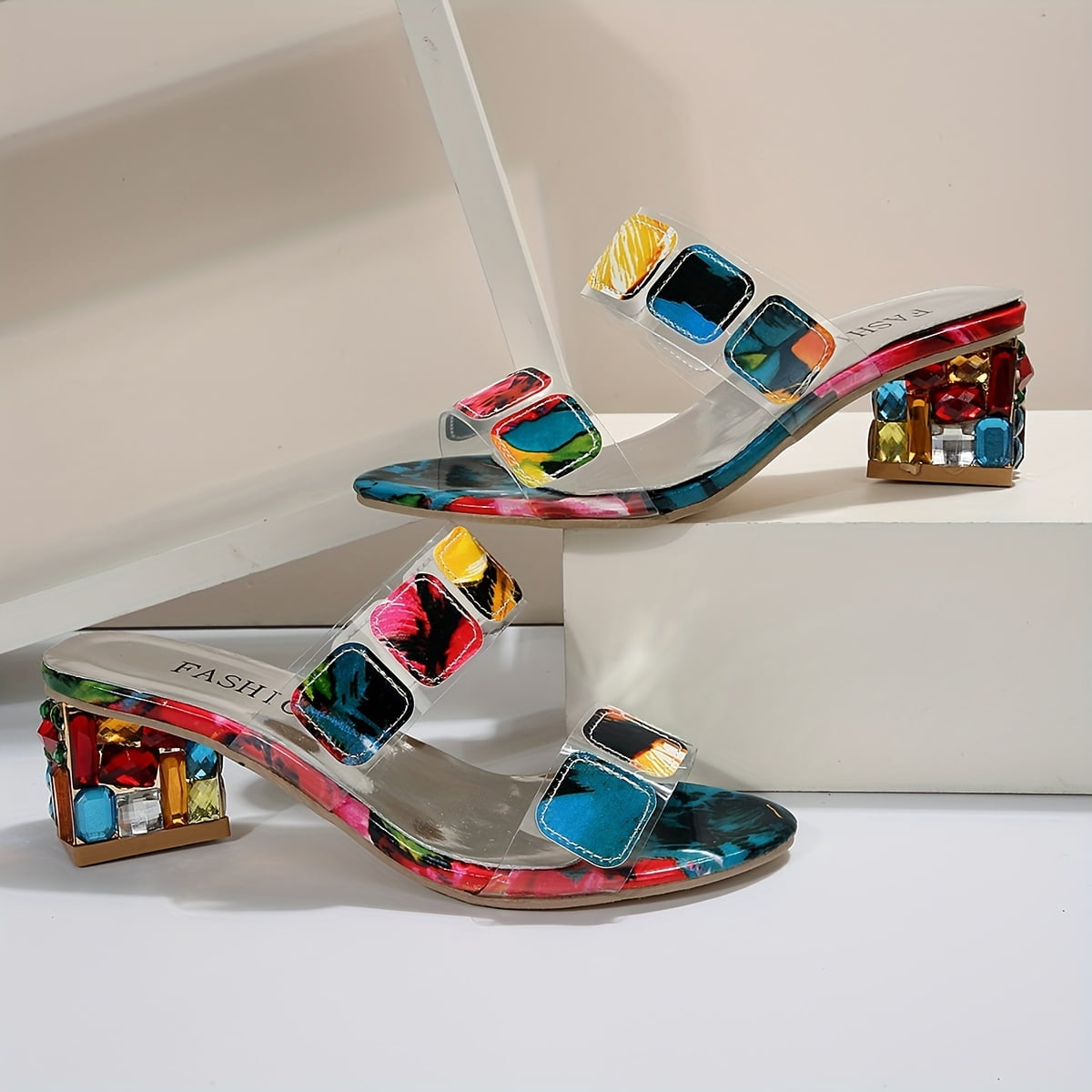 Women's Rhinestone Block Heel Sandals with Clear Straps – Evening Party & Wedding Heels