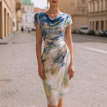 Women's Floral Cowl Neck Bodycon Midi Dress – Fitted Evening and Occasion Dress