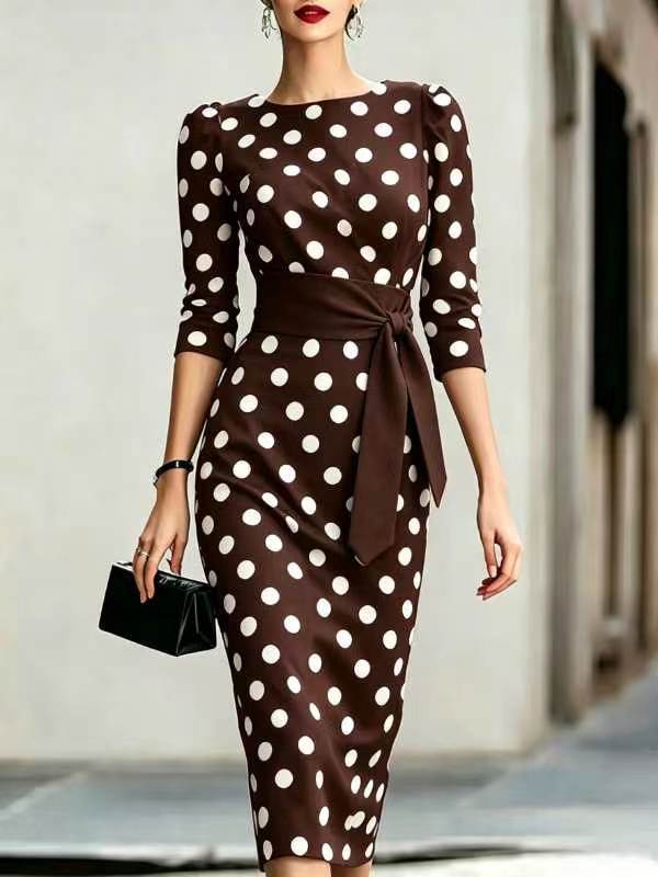 Women's Polka Dot Midi Dress – Elegant Day Dress for Brunch, Garden Parties & Race Days
