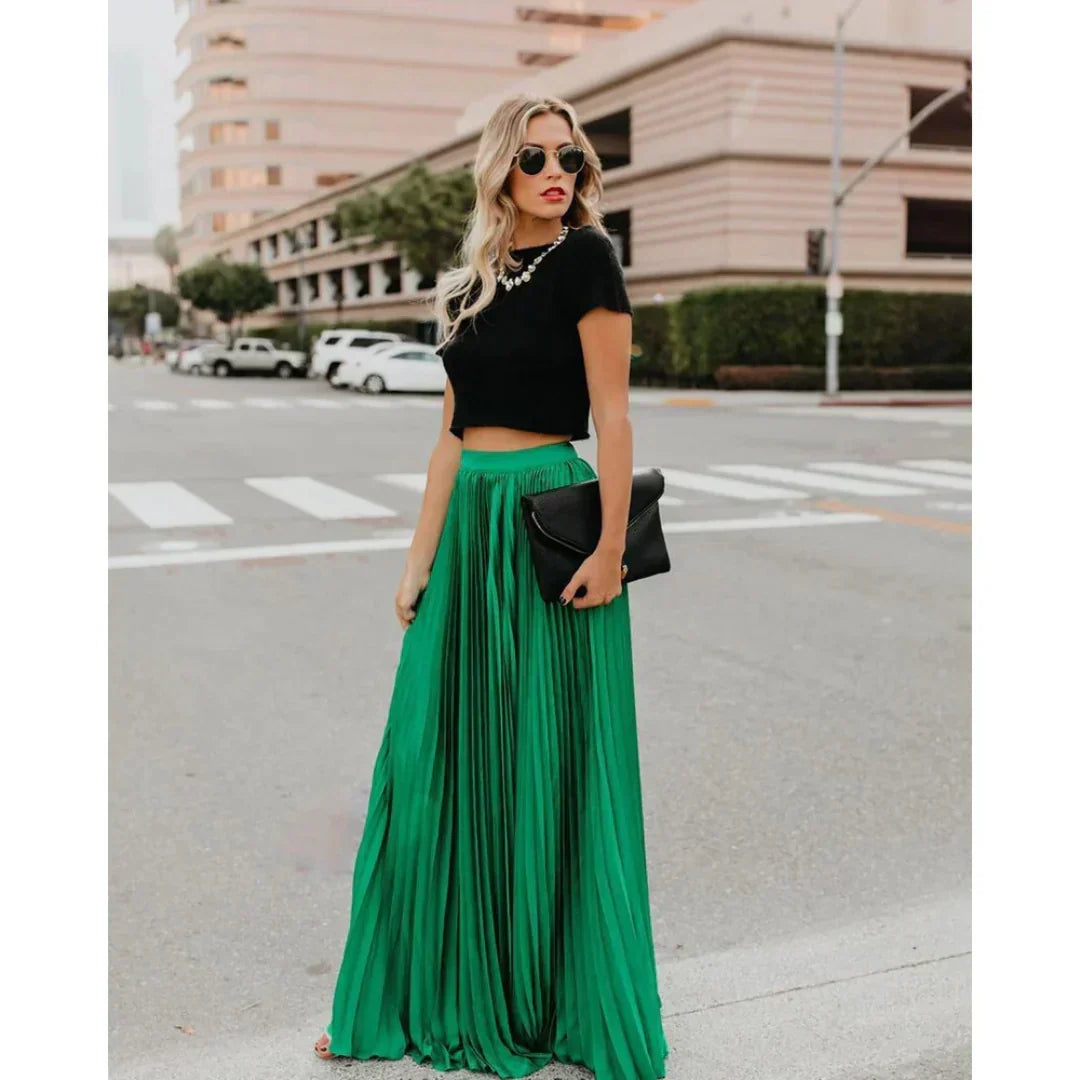 Women's Pleated Maxi Skirt with Elastic Waist – Elegant Flowing Skirt for Day to Evening