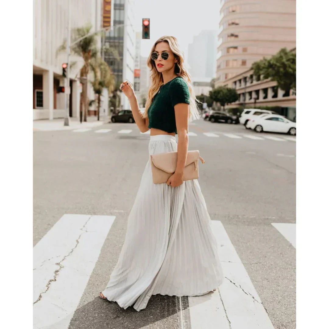 Women's Pleated Maxi Skirt with Elastic Waist – Elegant Flowing Skirt for Day to Evening