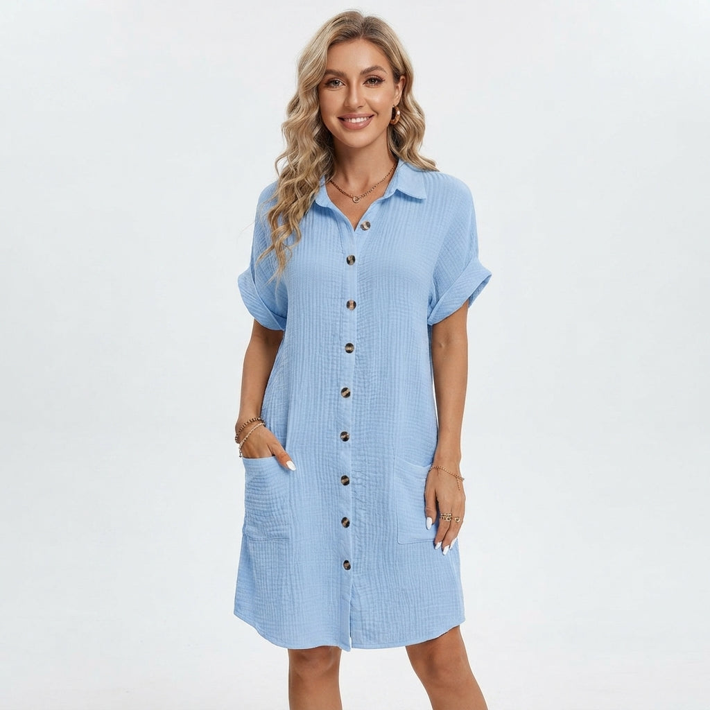 Women's Linen-Look Shirt Mini Dress – Casual Collared Summer Dress for Beach & Weekend