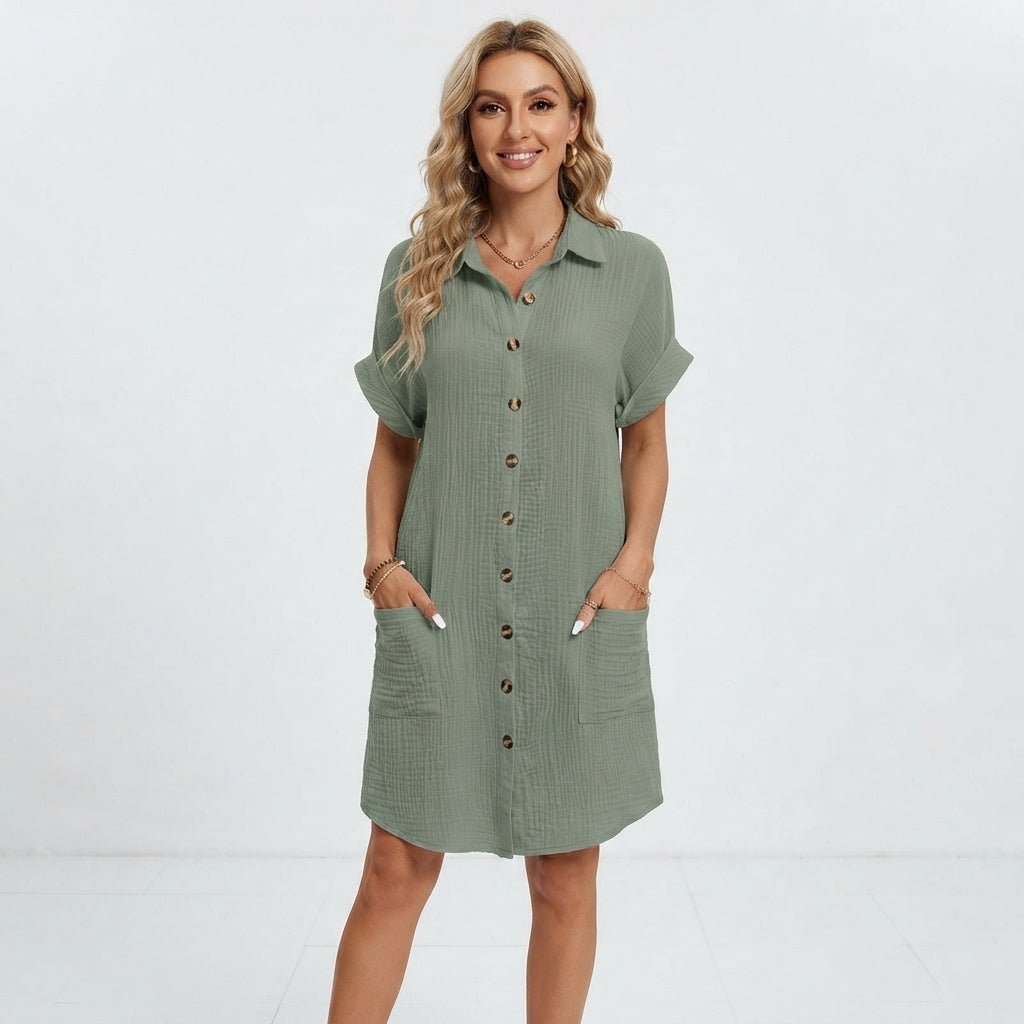 Women's Linen-Look Shirt Mini Dress – Casual Collared Summer Dress for Beach & Weekend