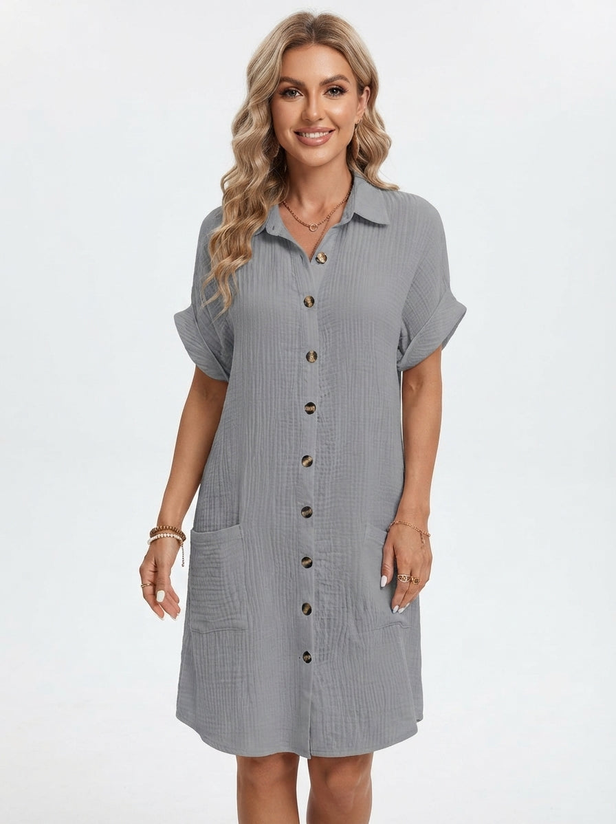 Women's Linen-Look Shirt Mini Dress – Casual Collared Summer Dress for Beach & Weekend