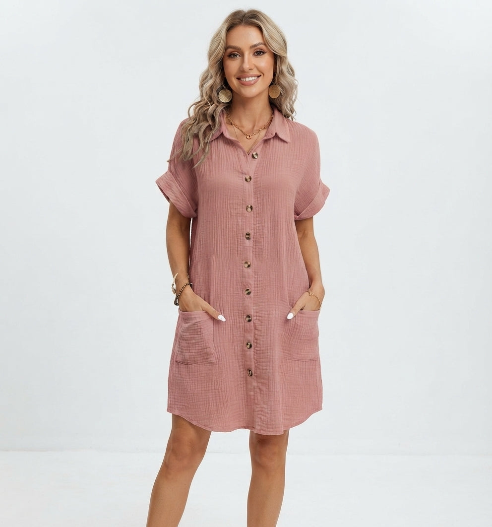 Women's Linen-Look Shirt Mini Dress – Casual Collared Summer Dress for Beach & Weekend