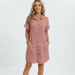 Women's Linen-Look Shirt Mini Dress – Casual Collared Summer Dress for Beach & Weekend
