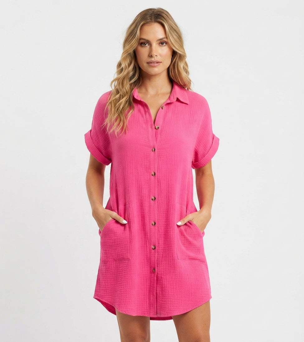 Women's Linen-Look Shirt Mini Dress – Casual Collared Summer Dress for Beach & Weekend
