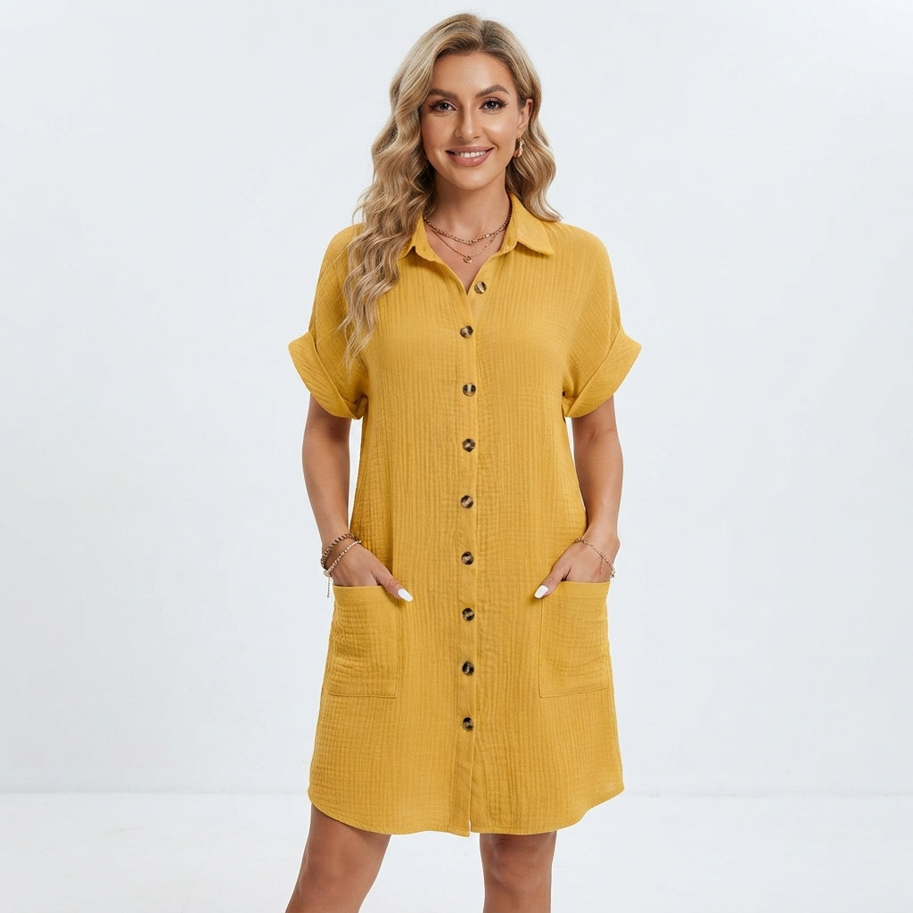 Women's Linen-Look Shirt Mini Dress – Casual Collared Summer Dress for Beach & Weekend
