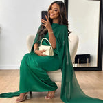 Women's Formal Cape Maxi Dress with Flowing Overlay – Elegant Wedding Guest and Evening Gown