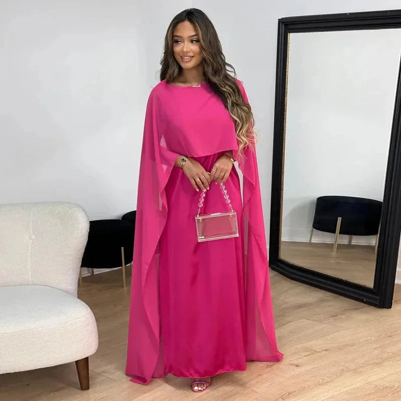Women's Formal Cape Maxi Dress with Flowing Overlay – Elegant Wedding Guest and Evening Gown