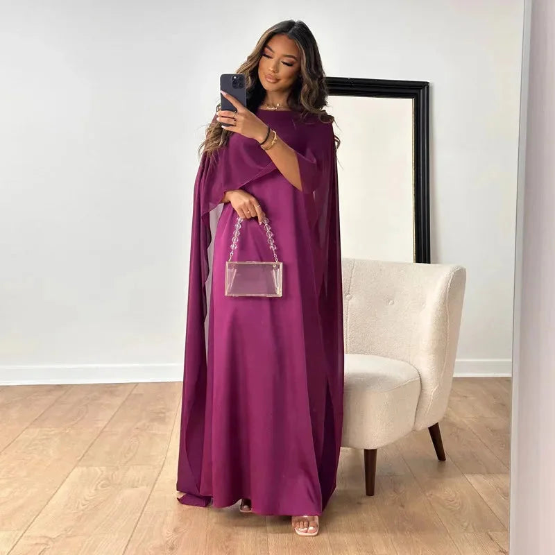 Women's Formal Cape Maxi Dress with Flowing Overlay – Elegant Wedding Guest and Evening Gown