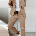 Women's Blazer and Pants Two-Piece Set with Drawstring – Tailored Workwear Suit for Office