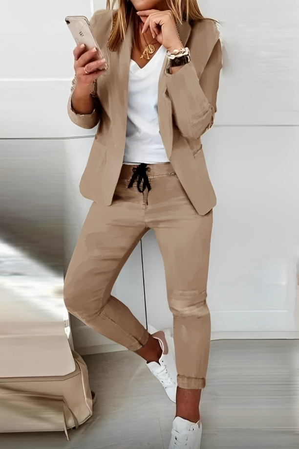 Women's Blazer and Pants Two-Piece Set with Drawstring – Tailored Workwear Suit for Office