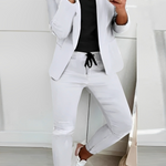 Women's Blazer and Pants Two-Piece Set with Drawstring – Tailored Workwear Suit for Office