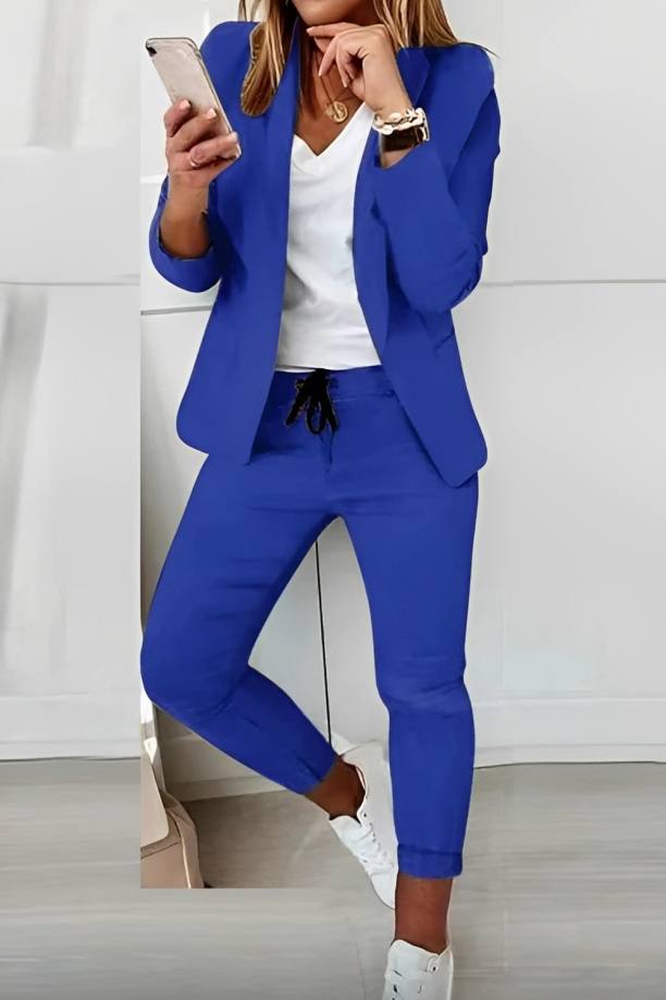 Women's Blazer and Pants Two-Piece Set with Drawstring – Tailored Workwear Suit for Office