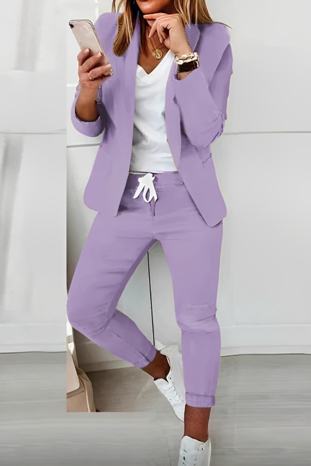 Women's Blazer and Pants Two-Piece Set with Drawstring – Tailored Workwear Suit for Office