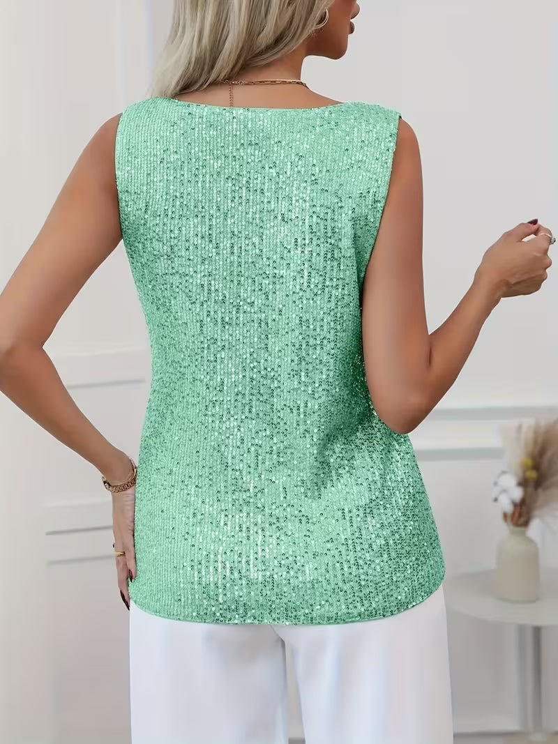 Women's Glitter Sequin V-Neck Tank Top with Wide Straps – Party, Evening & Night Out Top