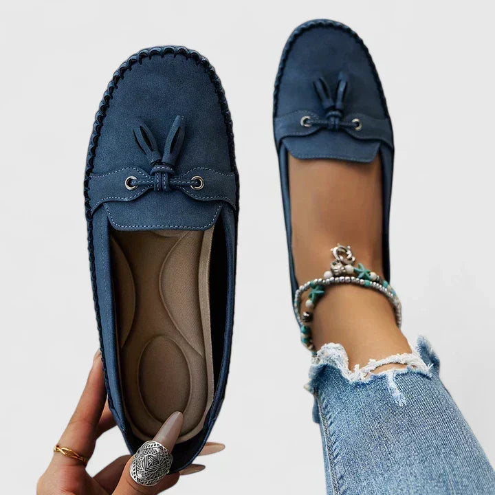 Women's Suede Leather Moccasin Loafers with Bow & Tassel – Flat Slip-On Shoes for Everyday