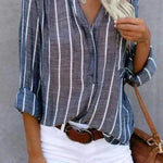 Women's Vertical Striped Button-Up Blouse – Relaxed Fit Shirt with Curved Hem for Everyday