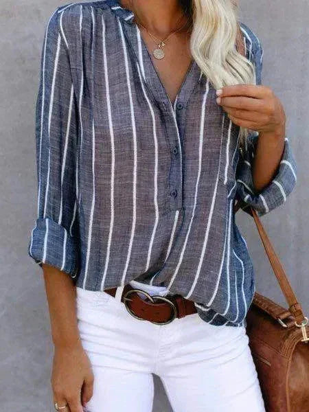 Women's Vertical Striped Button-Up Blouse – Relaxed Fit Shirt with Curved Hem for Everyday