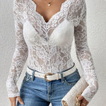 Women's Lace Long Sleeve Bodysuit with Plunge Neckline – Fitted Top for Evenings Out