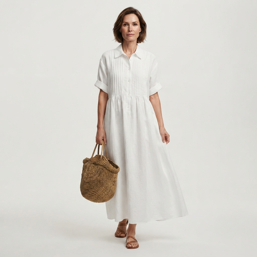Women's Pintuck Linen-Look Maxi Shirt Dress – Relaxed Summer Dress for Beach, Brunch & Holidays