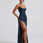Women's Navy Satin Maxi Dress with Split – Elegant Evening and Wedding Guest Dress