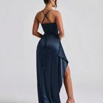 Women's Navy Satin Maxi Dress with Split – Elegant Evening and Wedding Guest Dress