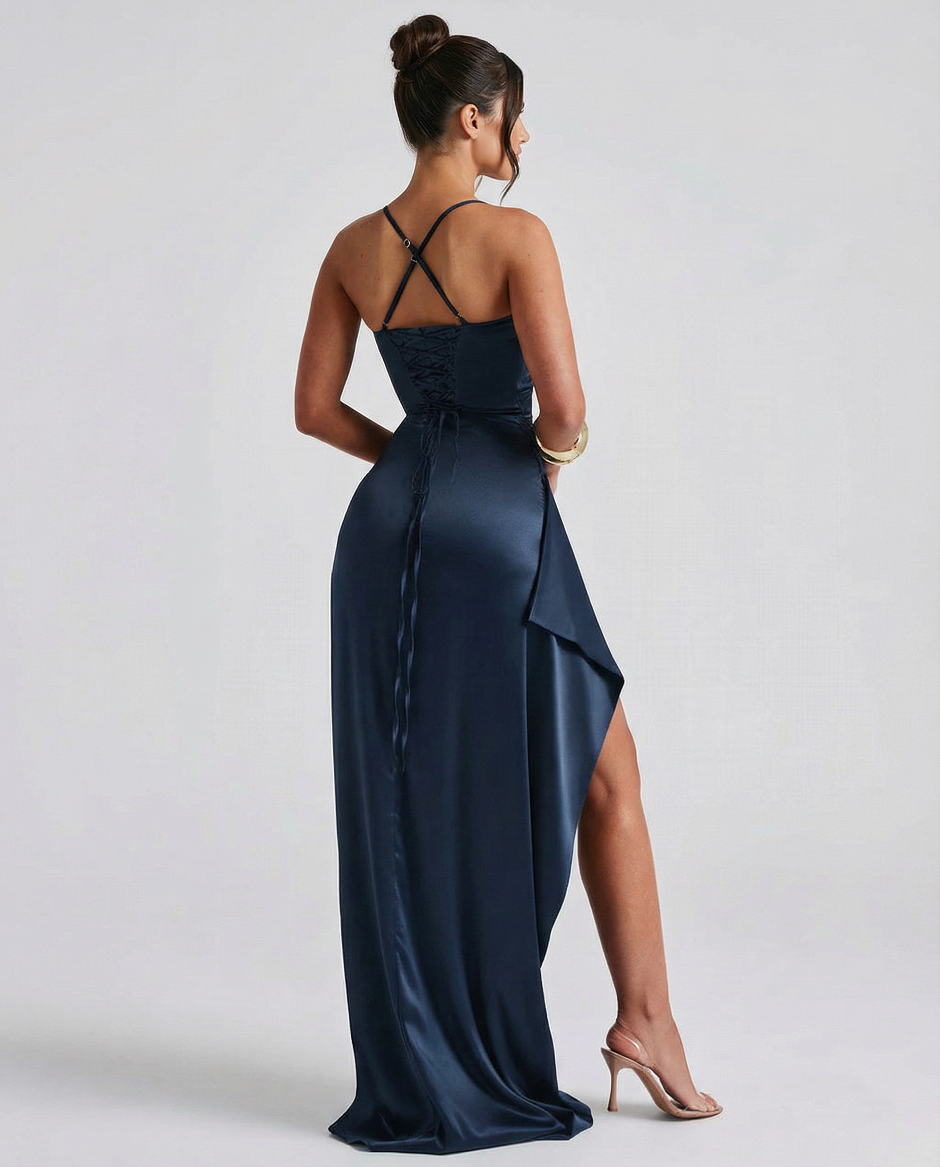 Women's Navy Satin Maxi Dress with Split – Elegant Evening and Wedding Guest Dress