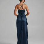 Women's Navy Satin Maxi Dress with Split – Elegant Evening and Wedding Guest Dress
