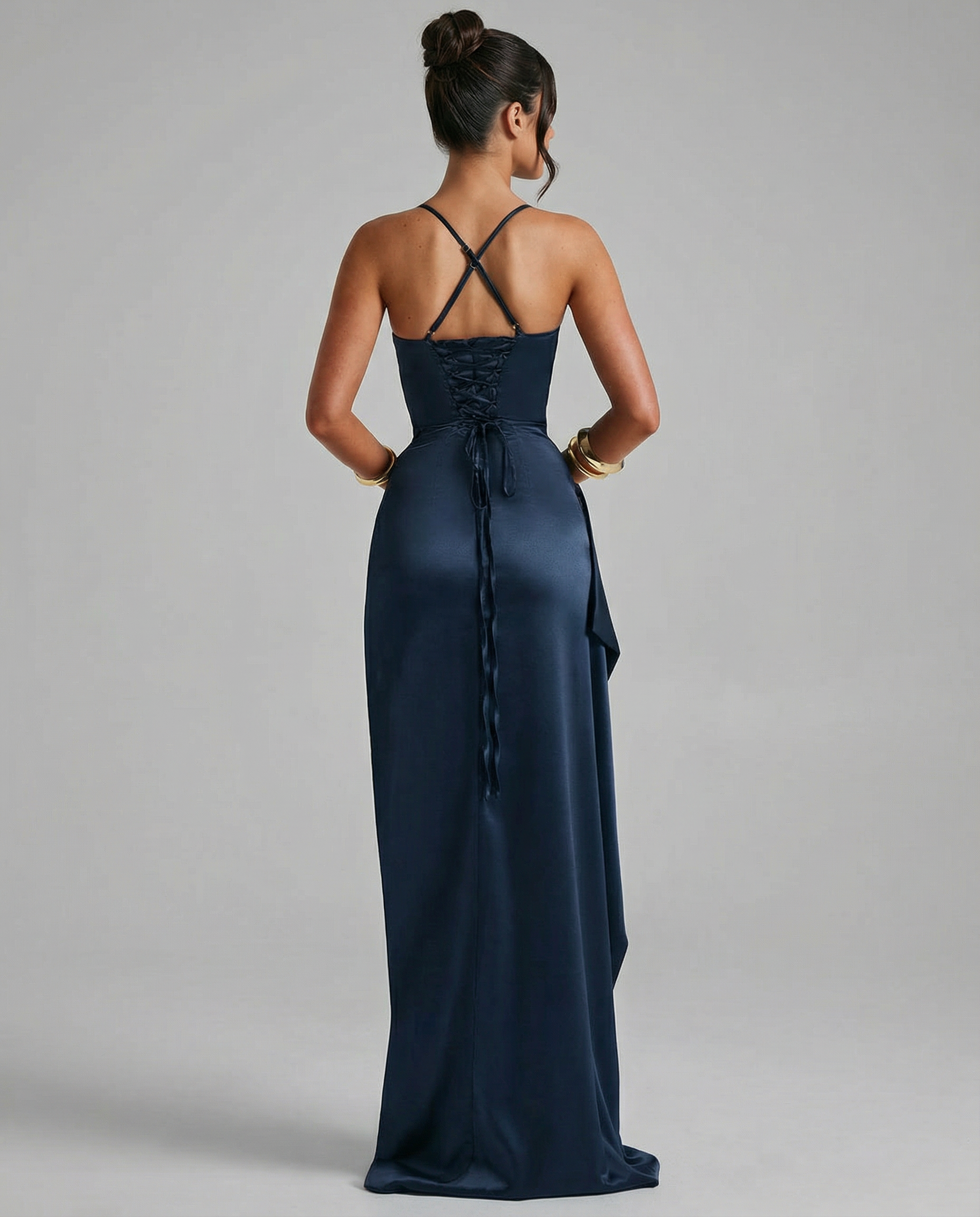 Women's Navy Satin Maxi Dress with Split – Elegant Evening and Wedding Guest Dress