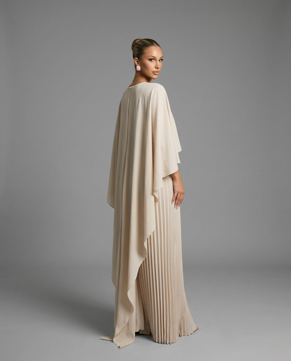 Women's Pleated Maxi Dress with Cape Overlay – Elegant Evening & Wedding Guest Dress